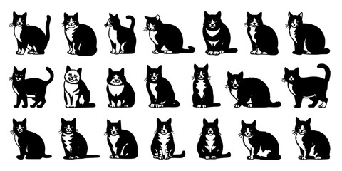 Fototapeta premium Cats in Various Poses and Styles, Black and White Illustrations of Feline Figures Featuring Sitting, Standing, Vector with Silhouettes and Art