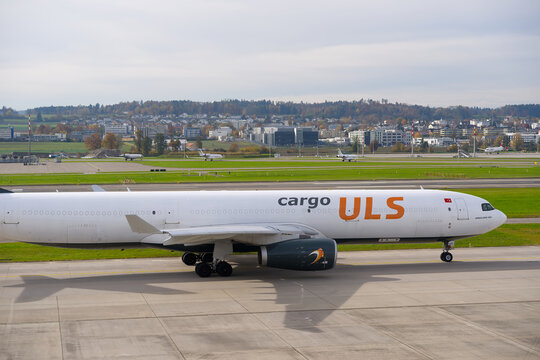 ULS Airlines Cargo Airbus A330-343(P2F) registration C-GOL taxiing at Swiss Z&uuml;rich Airport on an autumn day. Photo taken October 31st, 2025, Zurich Airport, Switzerland.