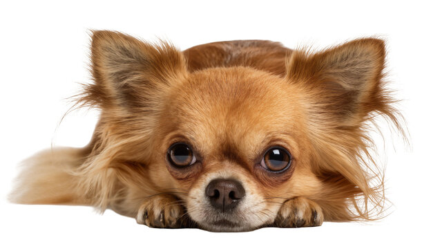 Long-haired chihuahua dog resting head on paws