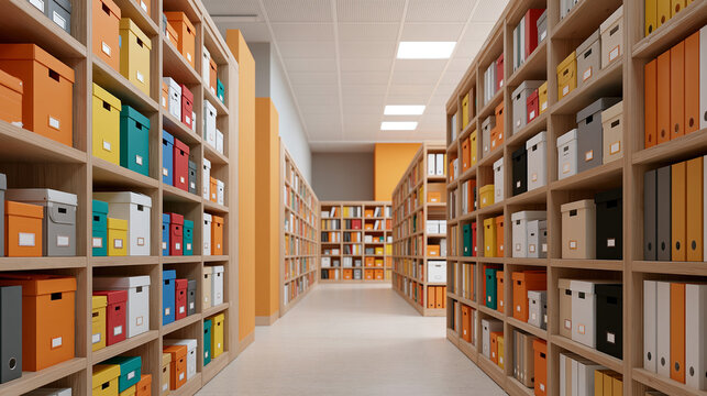 Office Record Storage Aisle with Neatly Arranged Boxes and File Binders