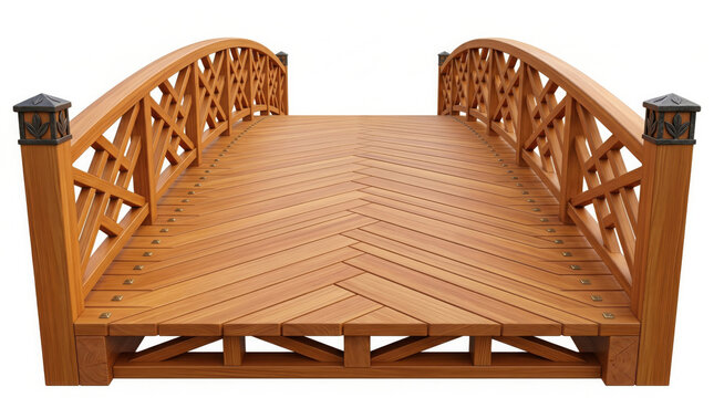 Wooden garden bridge with a herringbone plank deck and crisscross lattice side generated using ai