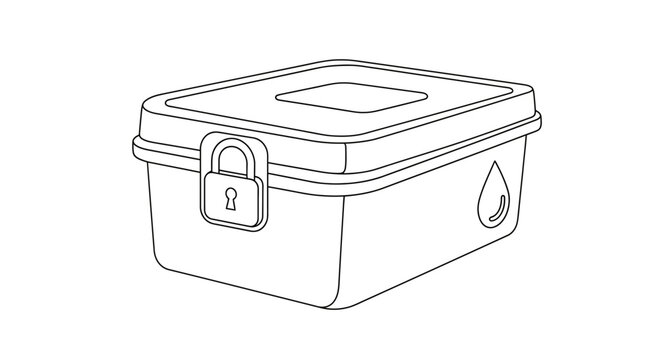 Secure waterproof storage box with padlock and water droplet symbol, line art illustration.