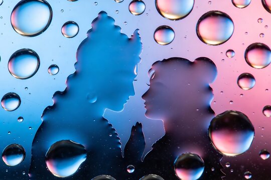 Water droplets on glass forming Radha Krishna abstract silhouettes blue pink lighting macro bokeh artistic minimal composition