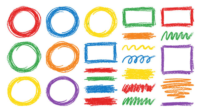 Colorful crayon doodle shapes and scribble brush strokes set