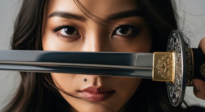 Beautiful Asian Woman Warrior Holding a Traditional Japanese Katana Sword Close to Her Face with Intense Gaze