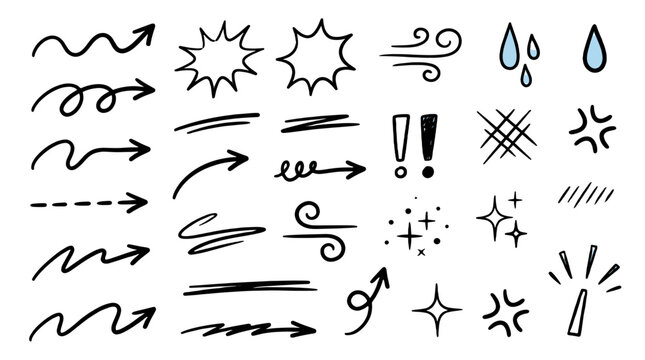 Hand drawn motion lines, arrows, drops and emphasis doodle set