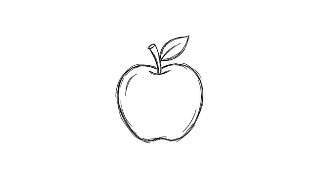 Hand drawn apple outline with leaf in doodle sketch style
