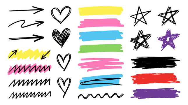 Hand drawn marker arrows hearts stars and colorful highlight strokes