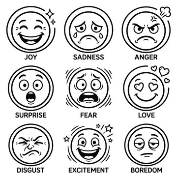 Collection of nine cartoon faces expressing different emotions.