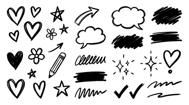 Hand drawn doodle set with hearts arrows stars and speech bubbles
