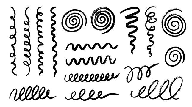 Hand drawn squiggly brush stroke and spiral doodle set