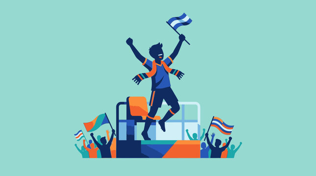 Victory celebration with person jumping in air with flags