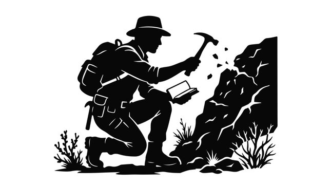 Geologist mining engineer excavating rocks with pickaxe and shovel outdoors in rugged terrain silhouette