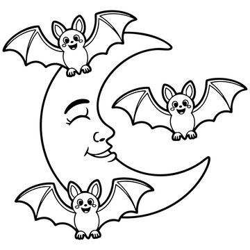 Cute Cartoon Bats Flying Around Smiling Crescent Moon Coloring Page Line Art Illustration for Kids Isolated on a Transparent or White Background