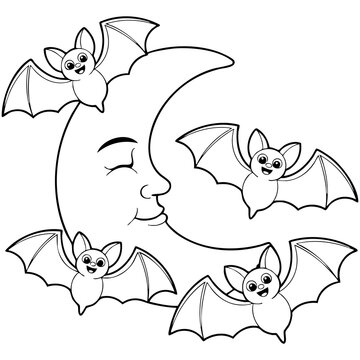 Friendly Crescent Moon With Happy Face and Three Flying Bats Coloring Book Style Line Drawing Isolated on a Transparent or White Background