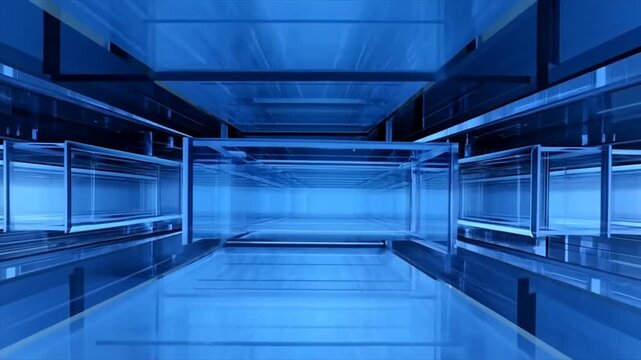 Tracking shot of glass cubes moving through reflective futuristic interior corridor with forward dolly glide revealing repeating cube architecture and deep perspective