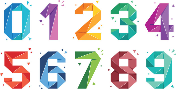 Geometric Origami Numbers Set from Zero to Nine with Colorful Low Poly Faceted Design Elements for Birthday and Event Countdown Typography