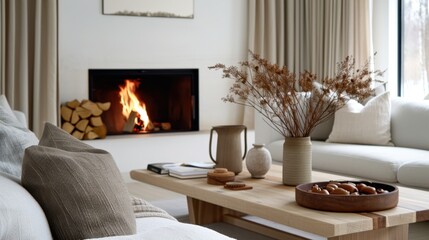 Naklejka premium Cozy modern living room with beautiful fireplace and elegant decor featuring natural elements and warm tones