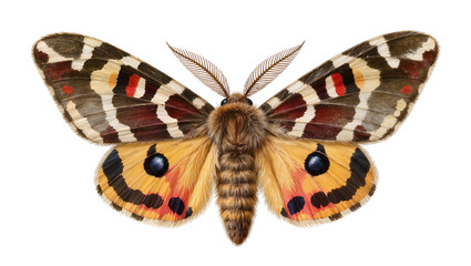 Fuzzy moth with colorful patterned wings and eye spots © Fried