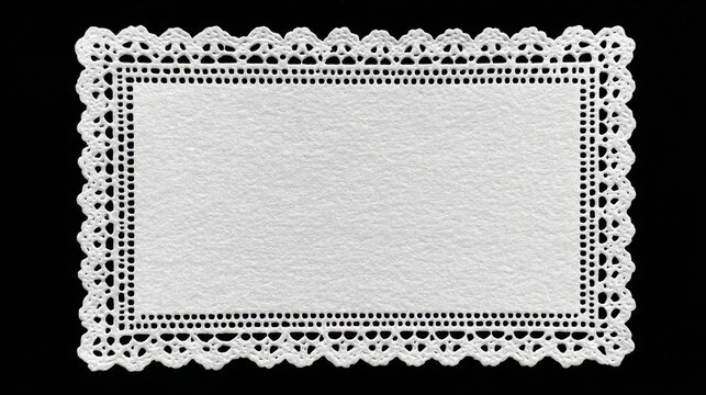 Elegant empty white paper doily with intricate lace borders isolated on a solid black background, minimalist mockup card with clean decorative edges for invitation wedding greeting card design