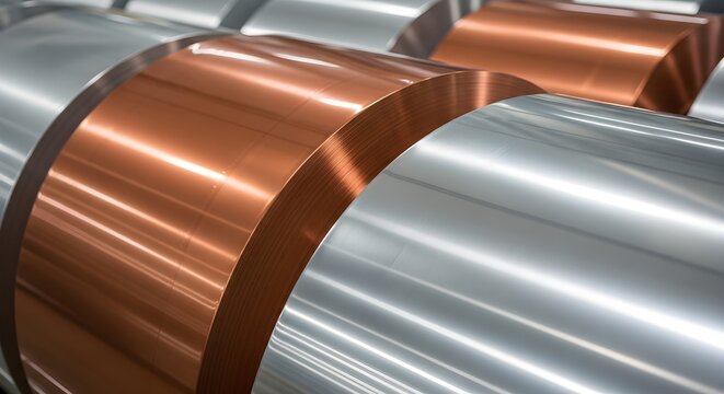 Rolls of industrial copper and aluminum metal sheets