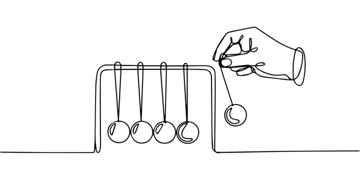 Newton's cradle  continuous one line drawing, Simple continuous line drawing Newton cradle pendulums kinetic balls hand pulling. One line draw graphic design vector, Simple continuous line drawing New
