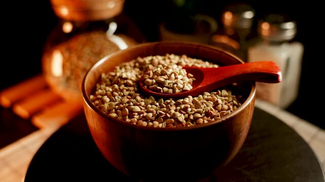 Organic green buckwheat groats in wooden bowl with spoon