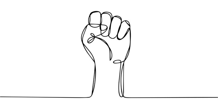 raised continuous one line drawing, Minimalist continuous one line drawing of a raised fist representing power strength unity protest and human rights. Editable stroke. Doodle hand drawn vector 