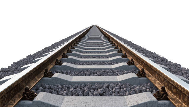 Railway track perspective view with concrete sleepers and ballast
