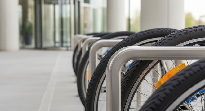 Bicycle tire close up in bike rack showing environmental benefits and business impact with regulations promoting sustainable transport options