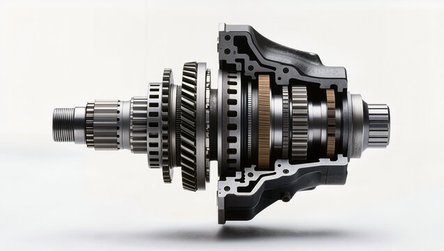 Automotive transmission gearbox assembly with metal gears and internal components cutaway view