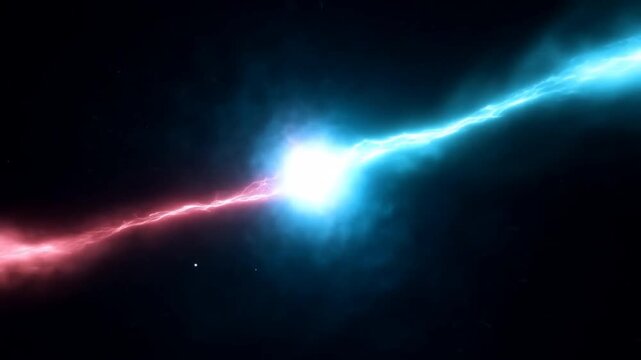 Zooming tracking shot of red and blue energy beams colliding and merging in deep space with glowing neon plasma impact and expanding light cloud against star field