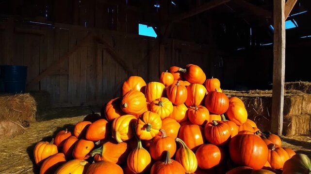 A pile of pumpkins sitting in a barn.