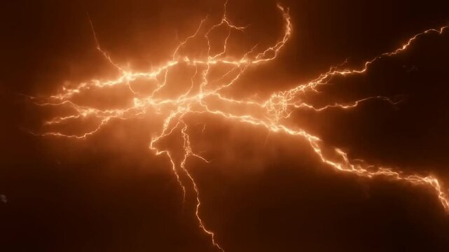 Slow motion zoom of electric lightning arcs spreading and branching across dark smoky atmospheric void over stormy sky