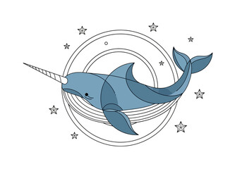 Minimalist Geometric Narwhal Illustration with Stars and Circular Rings Graphic Design © Roza