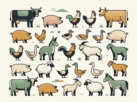 Modern Flat Vector Farm Animal Icons Set - Cute Livestock Collection including Cow, Pig, Sheep, Chicken, Duck, and Donkey for Agriculture Design and Branding