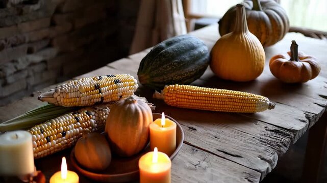 A table decorated with candles, corn, and pumpkins for a festive fall display.