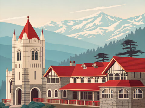 Shimla colonial architecture, modern vector poster