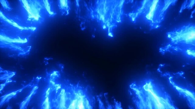 Slow zoom view of blue plasma flames swirling inward around dark void at center of abstract space vortex animated loop