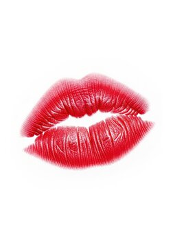 Vibrant Red Lipstick Kiss Mark Isolated on White Background - Detailed Lip Print Texture for Beauty and Romance Designs