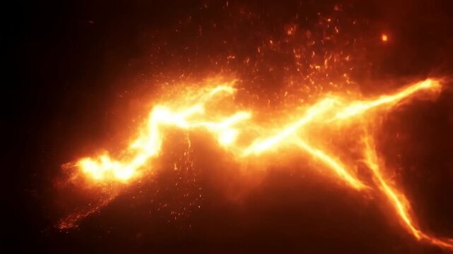 Slow motion tracking shot of glowing molten fire stream twisting and trailing sparks through dark void background with drifting embers and smoky orange light