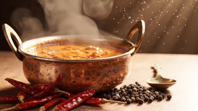 Curry Dish in Traditional Copper Pot Steaming with Aroma of Indian Spices Red Chilies and Black Peppercorns Authentic Cuisine Meal