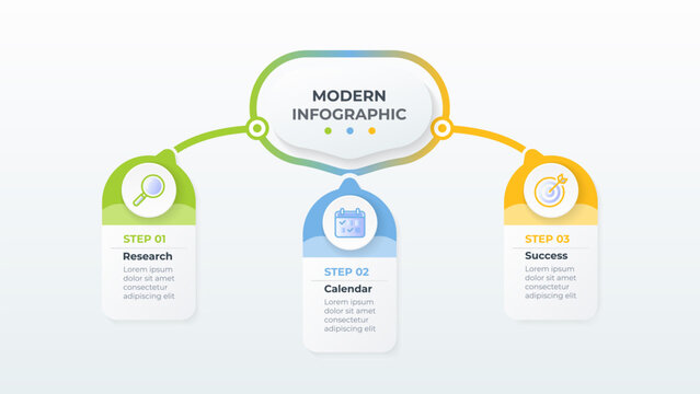 Modern colorful business infographic template with 3 steps workflow design. Can be used for for business presentations, marketing reports, process visualization, timeline design, startup strategy.
