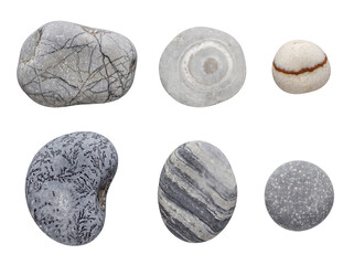 Naklejka premium A diverse collection of six natural river stones and pebbles with unique patterns and smooth textures.