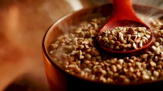 Steaming organic green buckwheat in rustic wooden bowl
