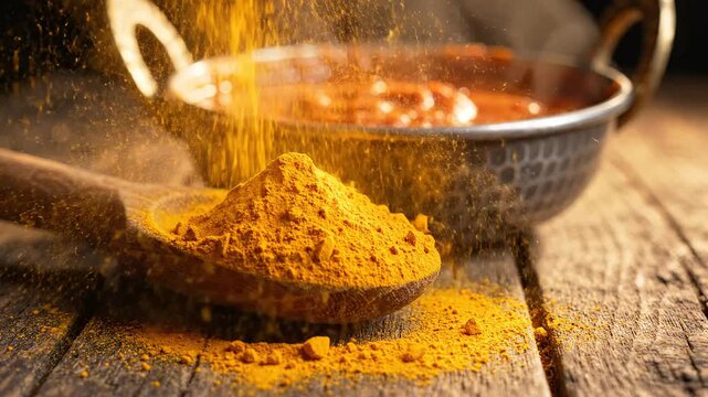 Turmeric Powder Sprinkle Over Indian Curry Spice Dish Hot Authentic Flavorful Cuisine Delicious Food Preparation Slow Motion Video Footage