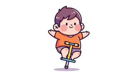 Fototapeta premium Happy cartoon child riding yellow pogo stick joyfully.