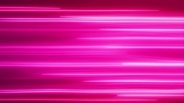 Panning shot of horizontal neon light streaks moving across dark magenta split studio background with motion blur and glowing lines