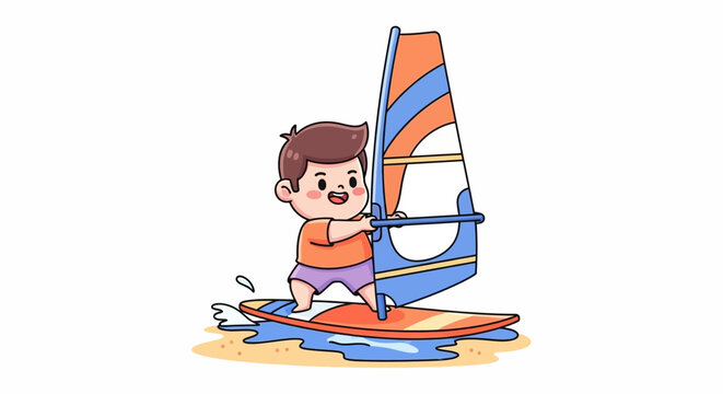Young boy happily windsurfing on colorful board and sail.
