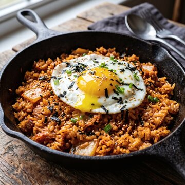 반숙 달걀을 얹은 고슬고슬한 김치볶음밥